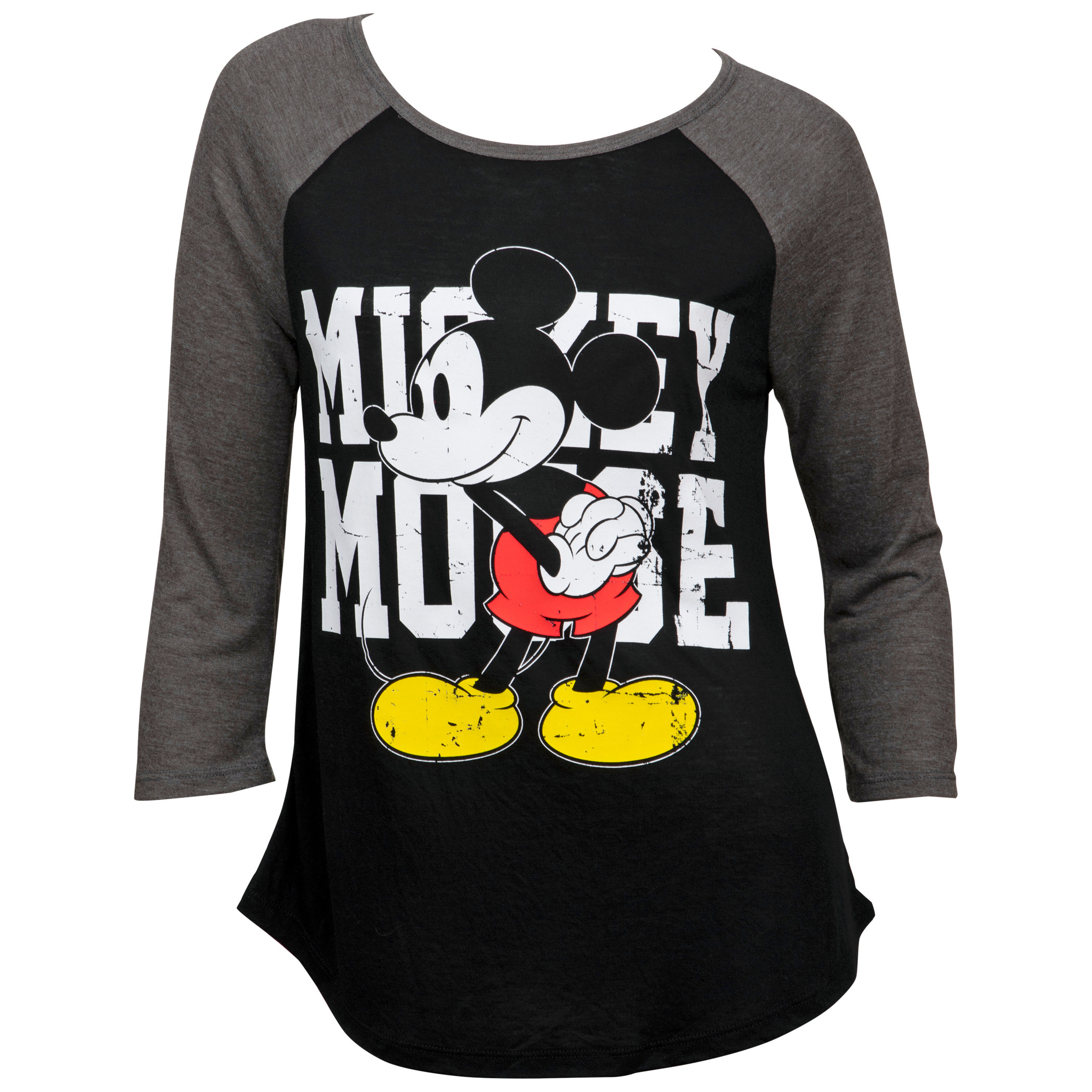 Disney Mickey Mouse Distressed Women's Black & Grey Baseball T-Shirt